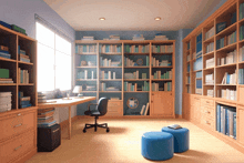 a library with lots of books on shelves and two blue ottomans on the floor