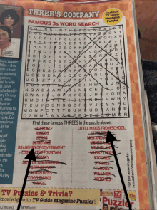 three 's company famous 3s word search puzzle on a magazine