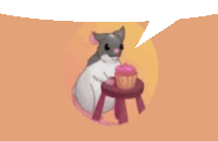 a hamster is sitting on a small table with a pink cupcake on it