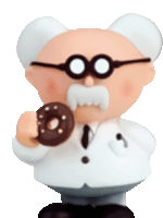 a cartoon man with glasses and a mustache is holding a chocolate donut