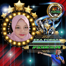 a woman in a pink hijab stands in front of a sign that says eka forsa forsa