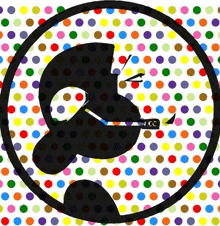 a colorful polka dot background with a black circle in the center