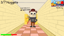 a cartoon character is walking down a hallway with the words nuggets written on the wall