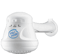 a white shower head with a blue intel inside logo