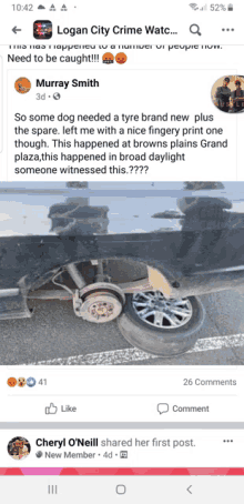 a facebook post from logan city crime watc shows a car with a broken wheel