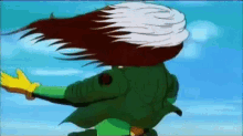 a cartoon of rogue with her hair blowing in the wind while wearing a green jacket