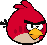 a red angry bird with a yellow beak and black eyes