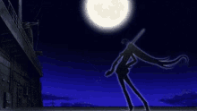 a silhouette of a person holding a sword in front of a full moon at night