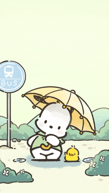 a cartoon character holding an umbrella next to a bus stop sign