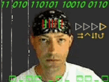 a man with a bandana on his head is surrounded by a binary code