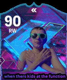 a shirtless man wearing sunglasses and a 90 rw card