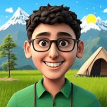 a cartoon boy wearing glasses and a green shirt smiles in front of a tent and mountains