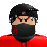 a roblox character wearing a black helmet and a red jacket .