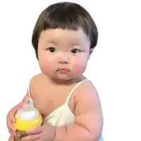 a baby is holding a yellow bottle with a nipple .