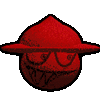 a red cartoon character wearing a red hat with a smiley face on it .