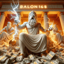 a statue of zeus is surrounded by stacks of money in front of a building that says balon 168