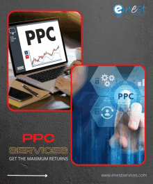 an advertisement for ppc services shows a person using a laptop and a hand pressing a button