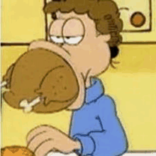 a cartoon of a man eating a chicken with a bone in his mouth .