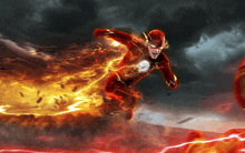 a painting of the flash running through a fire storm