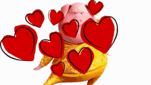 a pig in a gold outfit is surrounded by hearts