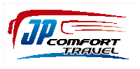 a logo for jp comfort travel with a red blue and white design