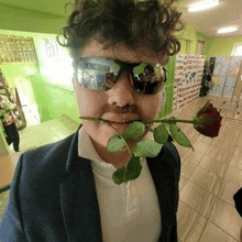 a man in a suit and sunglasses is holding a rose in his mouth .