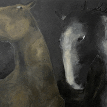 a painting of two horses standing next to each other on a black background