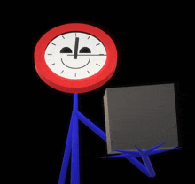 a stick figure holding a box and a clock with a smiling face