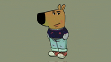 a cartoon drawing of a bear wearing a sweater and pants