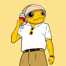 a cartoon frog wearing a white shirt and tan pants is holding a glass of wine