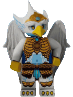 a lego figure of a bird with wings and a crown