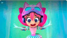 a cartoon character with pink hair and a purple helmet with cat ears