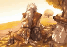 naruto and jiraiya are sitting under a tree in a field .