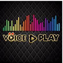 a voice play logo with a rainbow colored sound wave