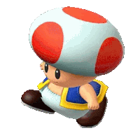 a cartoon toad with a red and white mushroom on his head is walking .