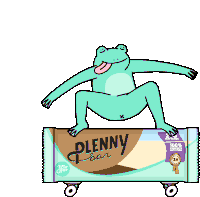 a frog is riding a skateboard over a plenny bar