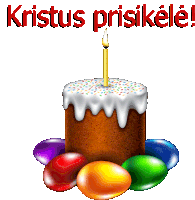 a birthday cake with a candle and easter eggs with the words kristus prisikelela