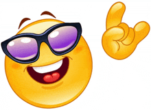 a cartoon smiley face wearing sunglasses and making a rock sign