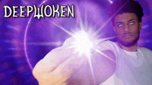 a man in a white shirt is holding a light in his hand with the words deepwoken above him