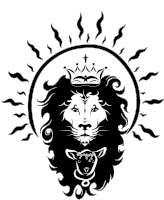 a black and white drawing of a lion with a crown on its head and a sheep .