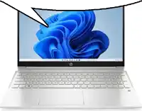 a white hp laptop with a speech bubble above it .