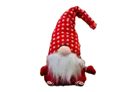 a stuffed gnome with a polka dot hat and beard