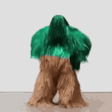 a person in a green and brown furry costume is standing on a floor .