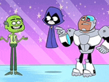 three cartoon characters are standing next to each other on a purple background .