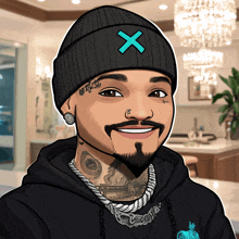 a cartoon drawing of a man wearing a black beanie with a blue x on it