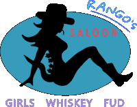 a logo for rango 's saloon with a silhouette of a woman in a cowboy hat