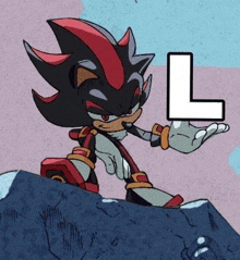 shadow the hedgehog is standing on top of a rock holding a letter l .