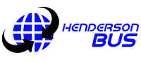 a blue and white logo for henderson bus with a globe and an arrow