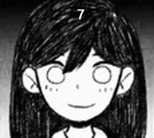 a black and white drawing of a girl with long hair and a smile on her face .