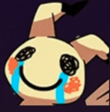 a cartoon character is crying and smiling with tears coming out of his eyes .